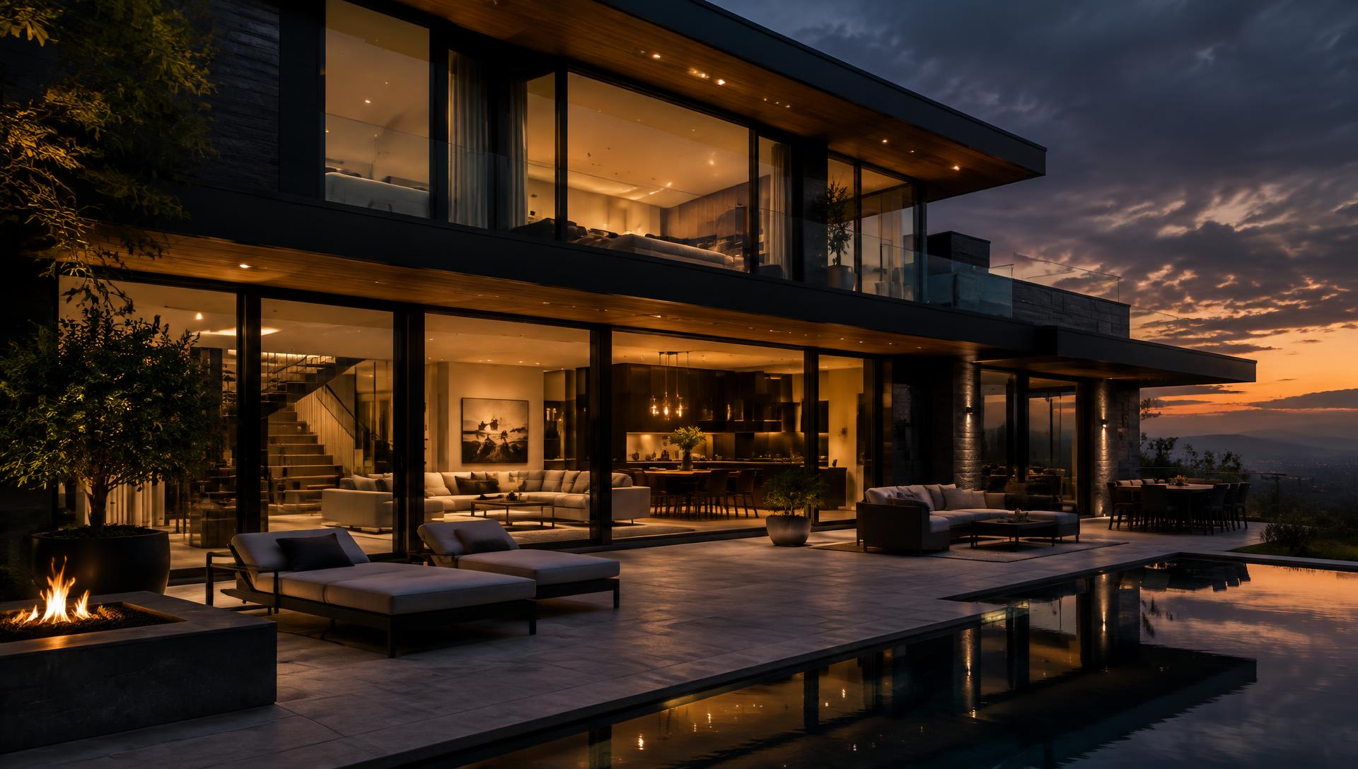 Modern home with black-framed windows and glass doors lit at dusk